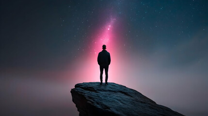 Fototapeta premium Silhouette of a Man on a Cliff at Night Under a Pink and Purple Milky Way
