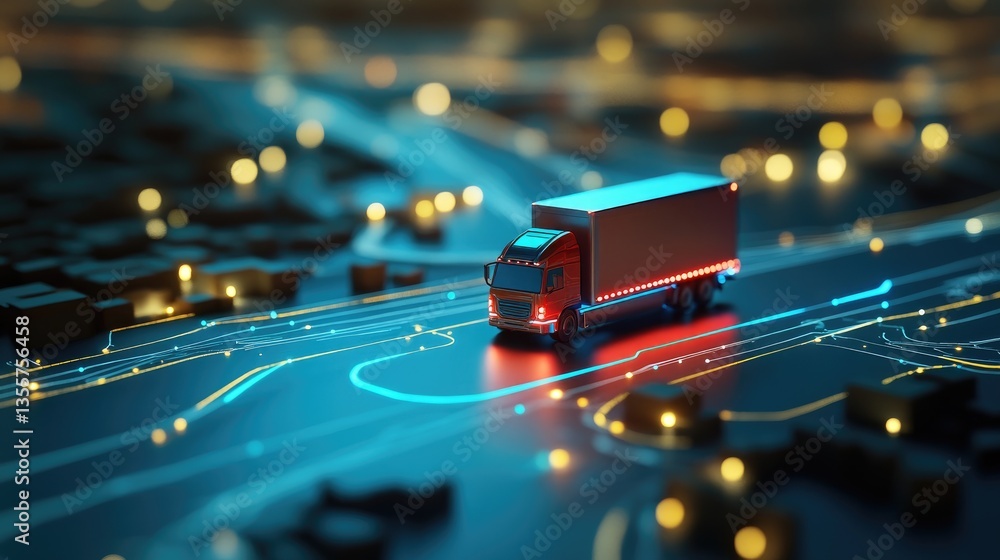 Poster A high-tech digital map with AI-driven delivery route optimization, showcasing the future of GPS navigation and efficient logistics