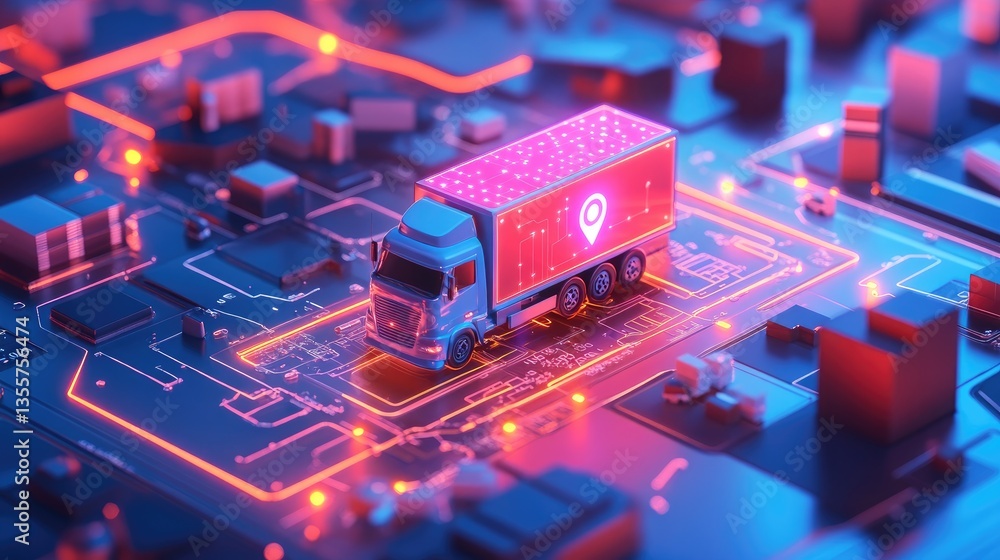 Poster A high-tech digital map with AI-driven delivery route optimization, showcasing the future of GPS navigation and efficient logistics