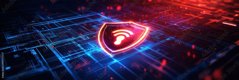 Fototapete futuristic security concept featuring a glowing shield symbol with digital aesthetics and neon light