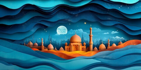 Artistic layered illustration depicts a mosque under a full moon
