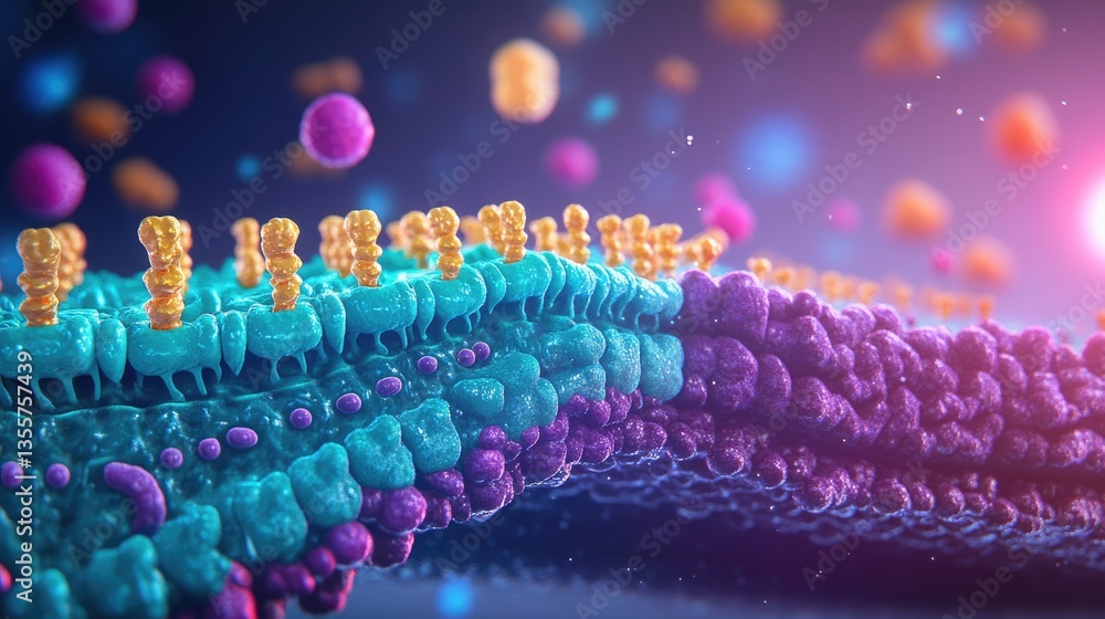 Poster a magnified view of a cell membrane showing the lipid bilayer and embedded proteins, highlighting it