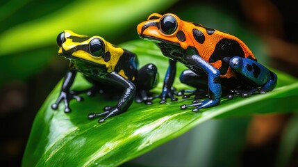 Fototapeta premium A peaceful scene of poison dart frogs sitting on a bright green leaf, displaying their striking colors in a tropical habitat