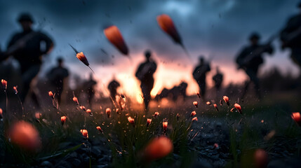 Silhouetted Soldiers Running Through Field at Sunset