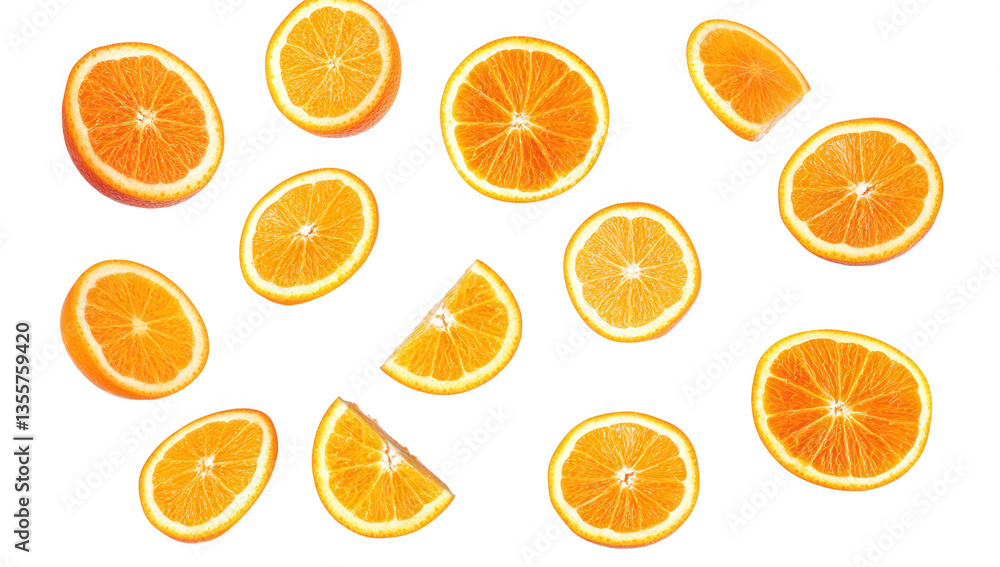 Poster various slices of oranges arranged in a visually appealing manner against a white background highlig