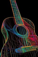Guitar contours with vibrant string colors, great for music school posters