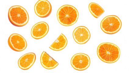 various slices of oranges arranged in a visually appealing manner against a white background highlighting their vibrant color and texture