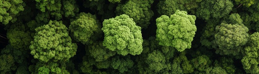 Fototapeta premium Aerial view of lush green treetops, showcasing dense foliage in varying shades of green, highlighting the beauty of nature.