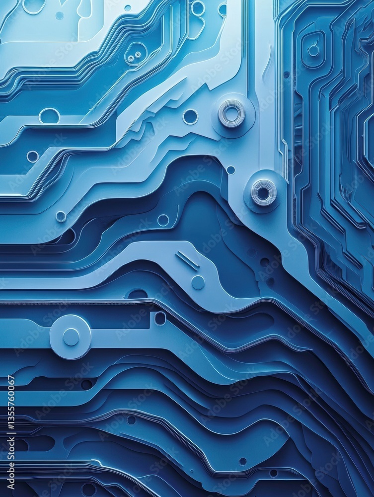 Poster futuristic technology paper cut background showcasing layered circuit board designs with dynamic blu