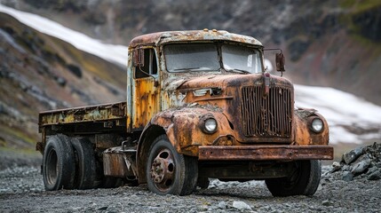 Fototapeta premium A rusty old truck, abandoned in a remote area, covered in layers of rust and decay, telling the story of time effect on machinery