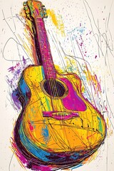 Guitar contours with vibrant string colors, great for music school posters