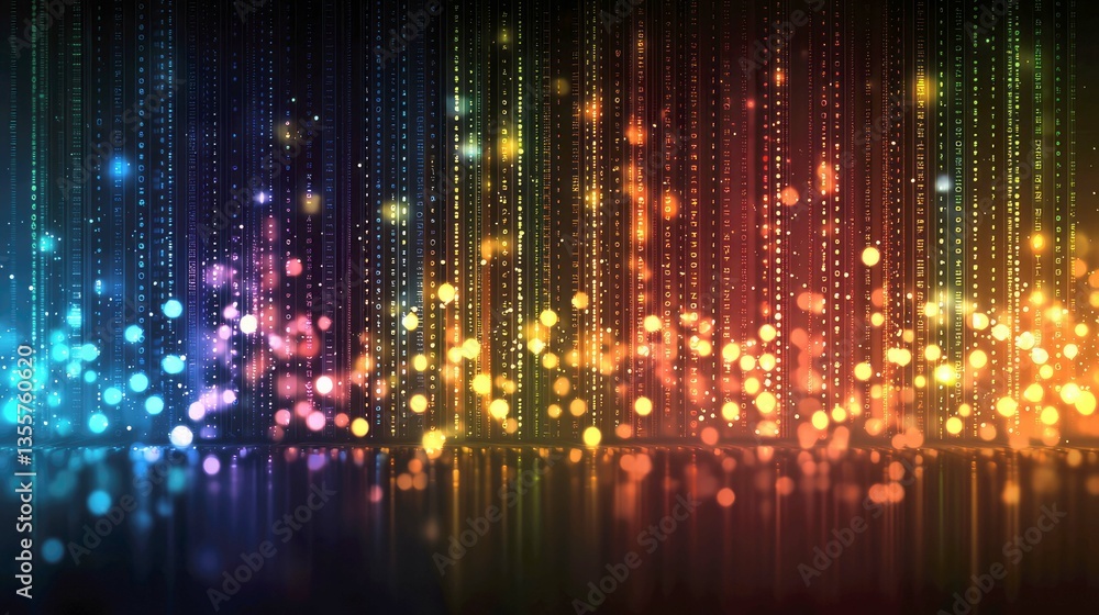 Poster abstract colorful data stream: glowing lines and bokeh lights digital art background