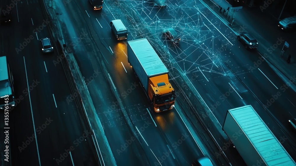 Poster A smart fleet management system visualized with a digital network overlay on traffic, symbolizing advanced logistics and efficient vehicle tracking