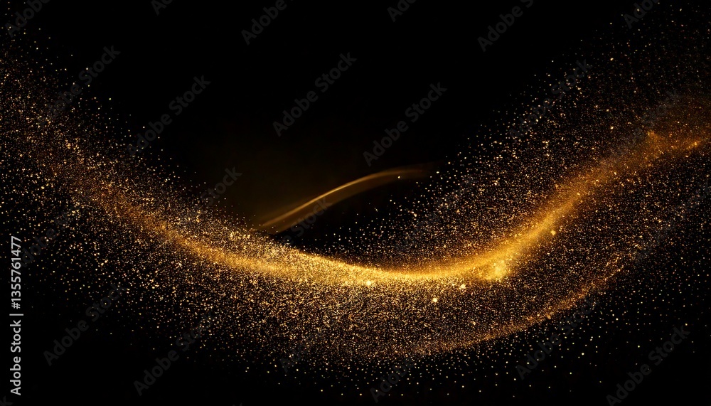 Poster a deep black background with swirling abstract gold dust and light particles. the glowing specks cre