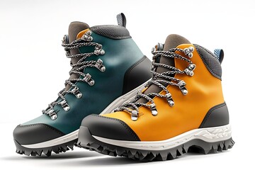 Hiking boots with trail colors, perfect for outdoor gear shops or adventure travel