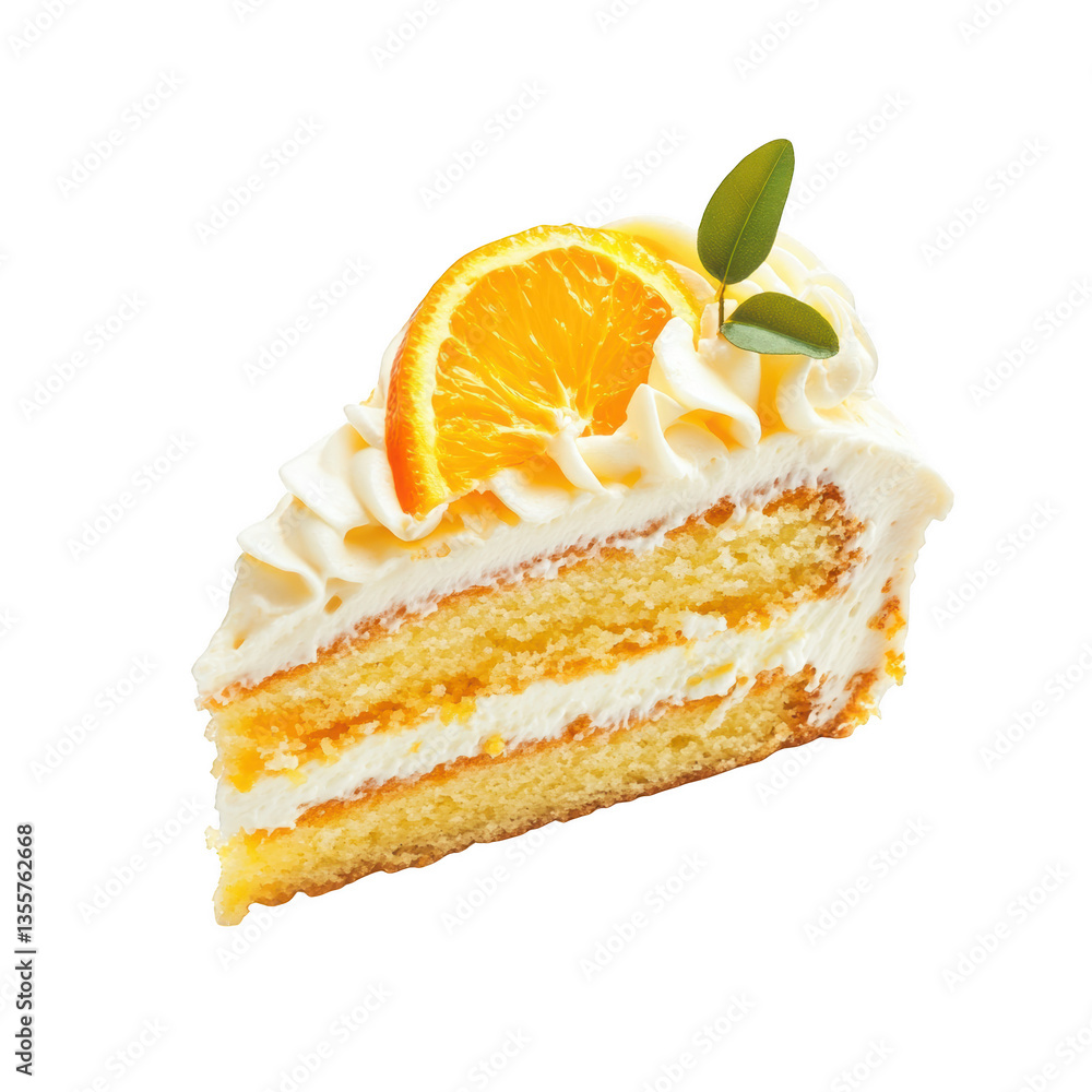 Poster a slice of cake featuring layers of light sponge cream frosting and a decorative orange slice on top
