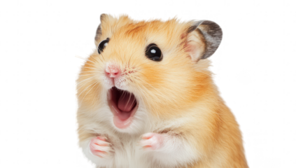 close-up a surprised-looking hamster with a fluffy coat and wide-open mouth capturing a moment of excitement or shock the background is plain white emphasizing the hamster's expression