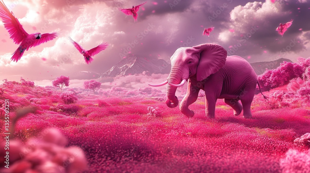 Poster a unique and imaginative scene of a pink elephant walking across pink grass with pink parrots flying