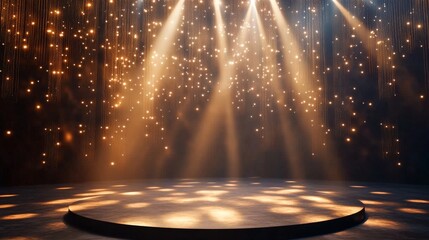 Elegant stage illumination, golden dot matrix backdrop, ascending light rays, polished dark platform, floating light particles, premium spotlight composition, atmospheric performance lighting