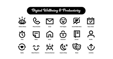 Digital Wellbeing and Productivity. Social Media Detox, Days-streak, Time, Notes, Activities, Mood, Activities, Home, Habits, Profile, Mood Check-in. Productivity.