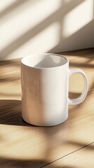 A Simple White Mug on a Wooden Table in Sunlight A Minimalist Photography Still Life