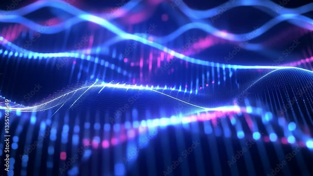 Poster waves of technology: a mesmerizing depiction of digital waves, data streams, and sonic pulses, illus