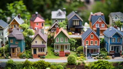 Fototapeta premium A vibrant neighborhood of miniature houses, each symbolizing community care, inclusivity, and housing equity, creating a sense of belonging and unity