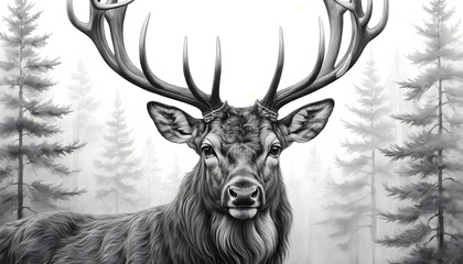Monochrome illustration of a regal stag with intricate antlers