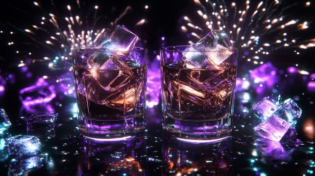 Elegant cocktail glasses floating in dark void, geometric neon triangles and hexagons scattered behind, purple and blue light trails swirling around drinks, crystal clear ice cubes with caustic