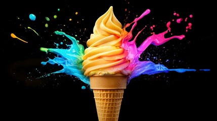Ice cream cone with flavor burst colors, perfect for dessert shops or summer campaigns