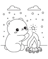 Coloring book bear cub warms by a campfire under a snowy sky. Fun line art for coloring, featuring a magical scene