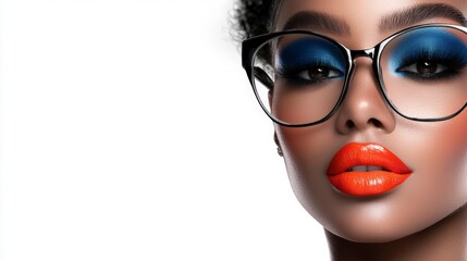 Stunning Woman  Bold Makeup  Blue Eyeshadow  Orange Lipstick  Glasses  Closeup © BOJOShop