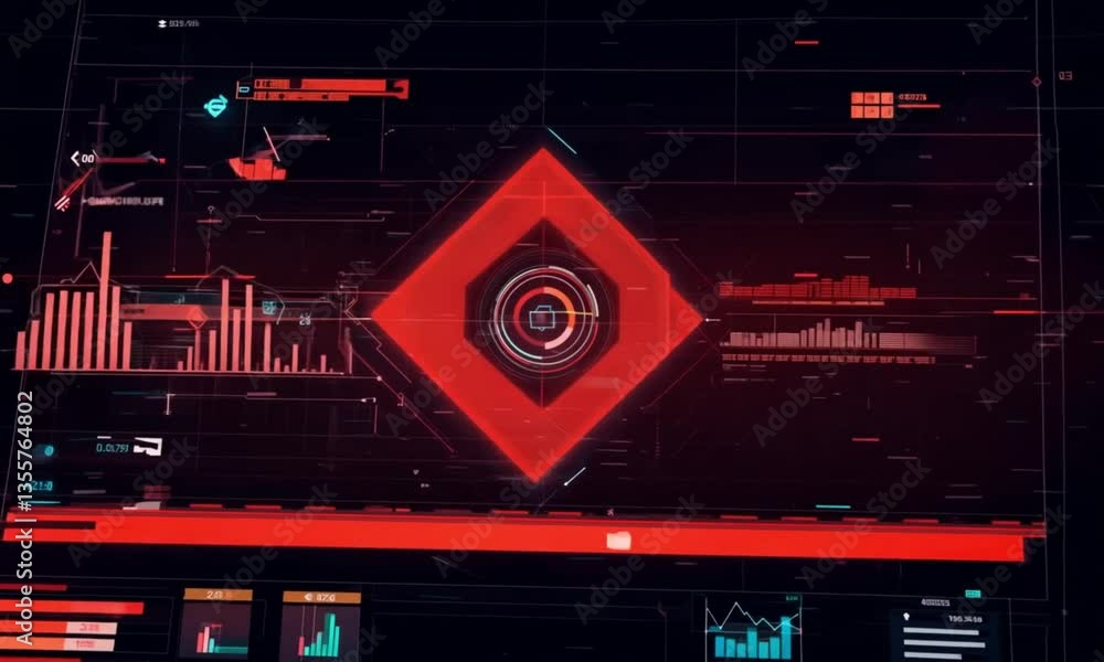 Poster futuristic interface with red central diamond and data display on a dark screen