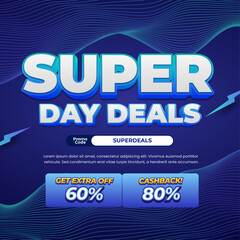 Super Shopping Sale discount deals dynamic dark blue gradient Editable text effect Wavy line minimalist style Cashback promo code Promotional banner flyer Template 