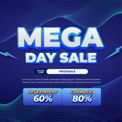 Mega Shopping Sale discount deals dynamic dark blue gradient Editable text effect Wavy line minimalist style Cashback promo code Promotional banner flyer Template 