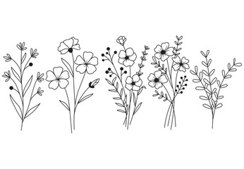 Hand drawn flowers Style vector illustration, flower bouquet outline drawing, Botanical flowers and leaf herbs isolated on white Background, Invitation, Wedding card, Greeting card, Posster.