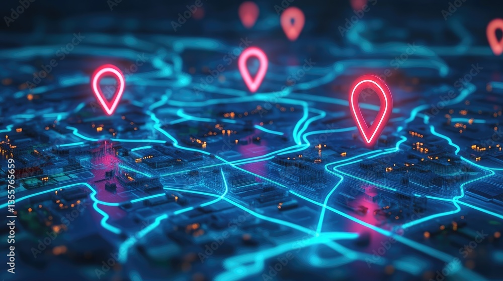 Aufkleber AI-powered delivery route optimization on a futuristic digital map, showing precise GPS navigation paths and highlighting the future of efficient delivery systems