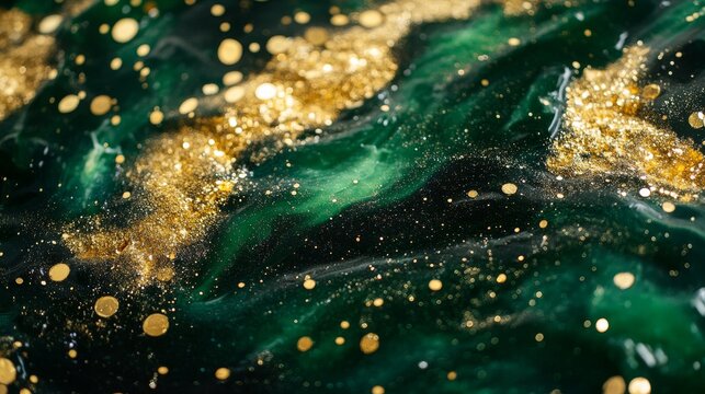 Luxurious emerald cosmic soup captured in macro photography, suspended golden dust creating milky way effect, deep green liquid with varying opacity levels, precious metal particles frozen in perfect