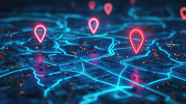 AI-powered delivery route optimization on a futuristic digital map, showing precise GPS navigation paths and highlighting the future of efficient delivery systems