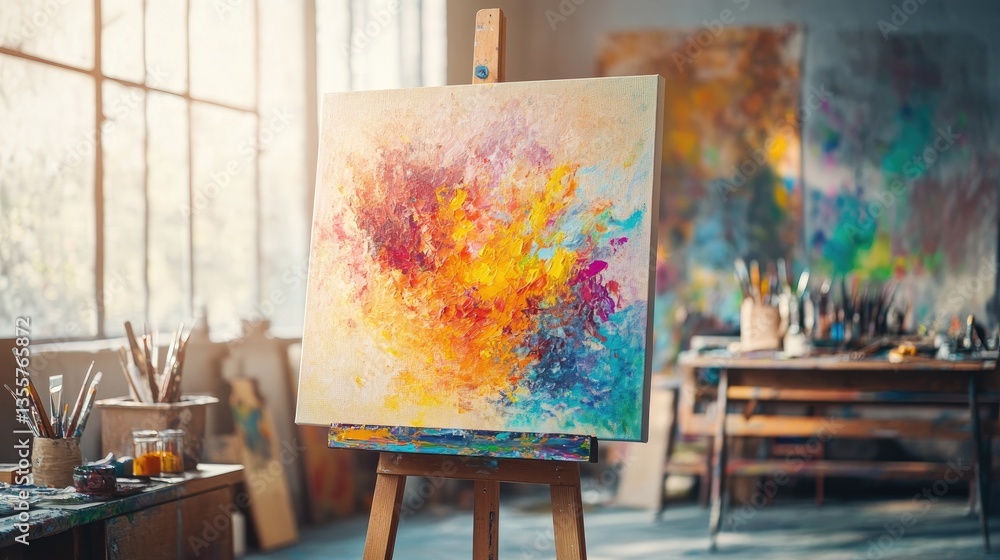 Poster an abstract canvas bursting with colors, standing on a wooden easel in a bright artistic studio, sur