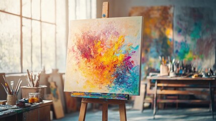 An abstract canvas bursting with colors, standing on a wooden easel in a bright artistic studio, surrounded by the tools of creativity and inspiration
