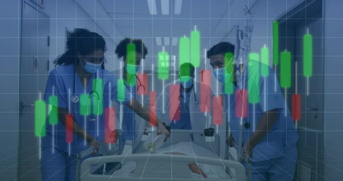 In hospital, medical team attending patient with financial data animation overlay - Powered by Adobe