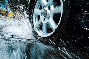 A rotating wheel generating a powerful splash of water on the road
