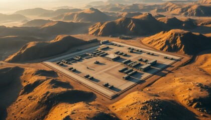 Aerial View of a Desert Military Base with Vehicles and Surrounding Mountains at Sunset
