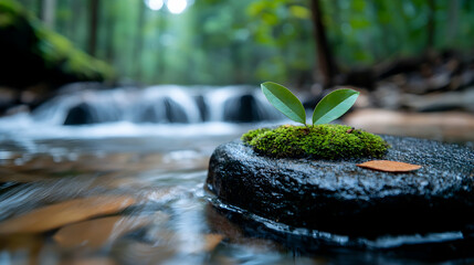 Small Plant Sprouting on Mossy Rock in Stream