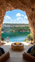 Obraz premium Cave Lake View with Fire Pit Relax.