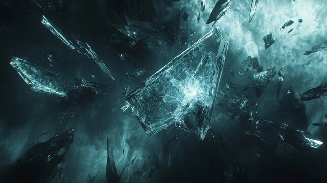 Dynamic glass fracture captured mid-burst, ethereal blue luminescence emanating from central core, suspended shattered fragments with accurate light transmission, cosmic void backdrop, photorealistic