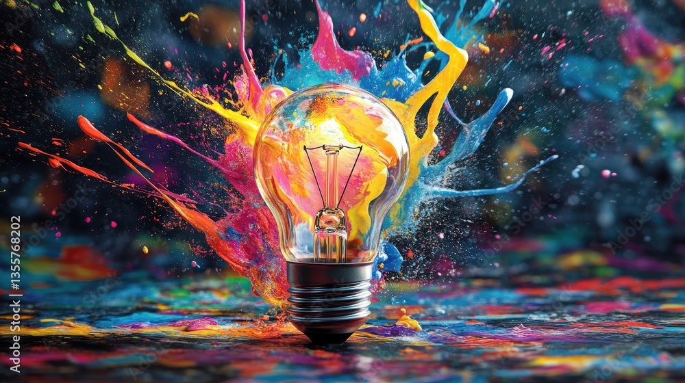 Poster colorful paint splashes and swirling patterns erupting around a broken light bulb, representing the 
