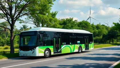 Fototapeta premium Electric Bus Driving on Road Near Wind Turbines Sustainable Energy Concept