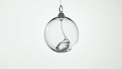 Glass Sculpture with Enclosed Droplet and Botanical Detail Against a White Background